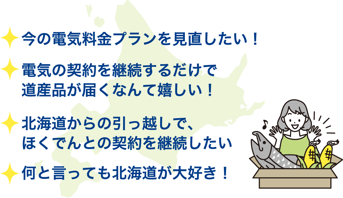 今の電気料金プランを見直したい！ 電気の契約を継続するだけで道産品が届くなんて嬉しい！ 北海道からの引っ越しで、ほくでんとの契約を継続したい 何と言っても北海道が大好き！