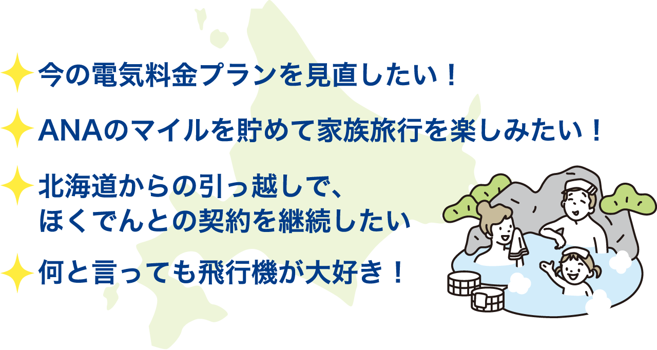 今の電気料金プランを見直したい！ ANAのマイルを貯めて家族旅行を楽しみたい！ 北海道からの引っ越しで、ほくでんとの契約を継続したい 何と言っても飛行機が大好き！