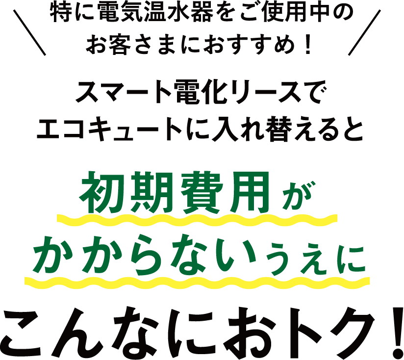 特に電気温水器をご使用中のお客さまにおすすめ！スマート電化リースでエコキュートに入れ替えると初期費用がかからないうえにこんなにおトク！